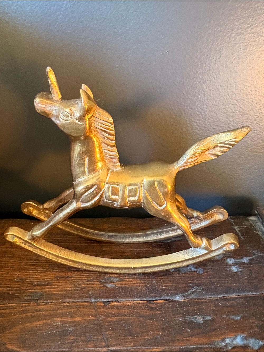 Brass Rocking Unicorn Figurine - Gold Tone